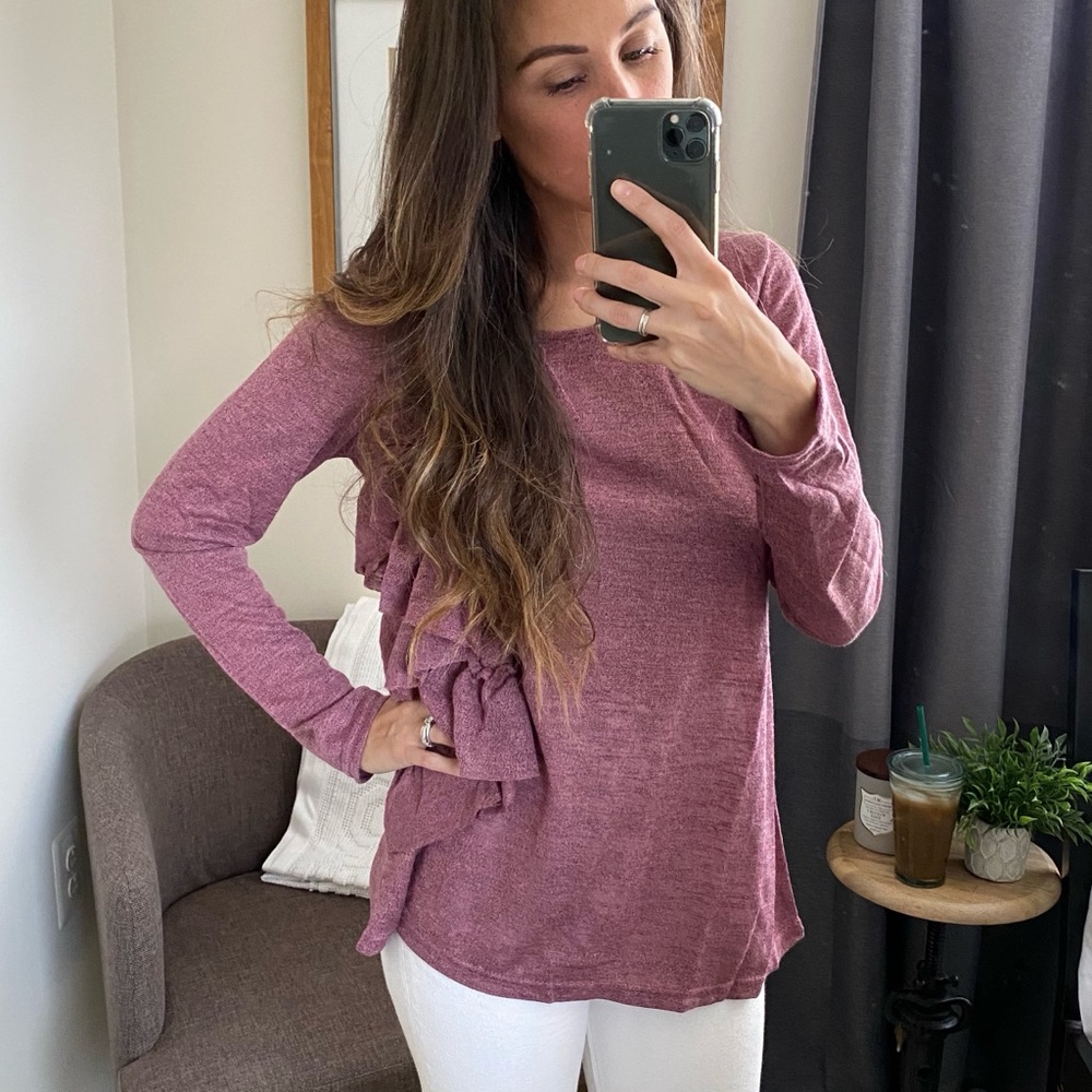 Ruffle Trim Purple / Wine Crewneck Long Sleeve Tee
